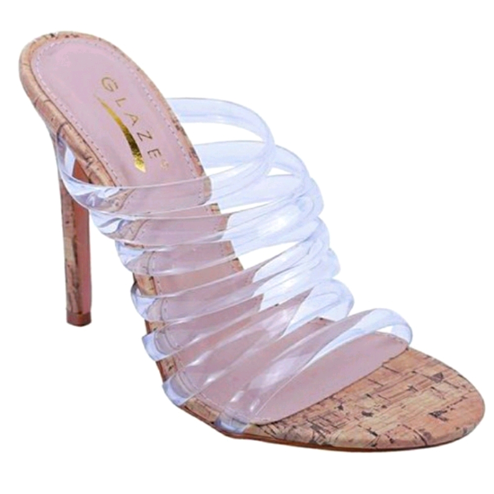 Women Strappy Clear Sandals - Wood Grained Heel